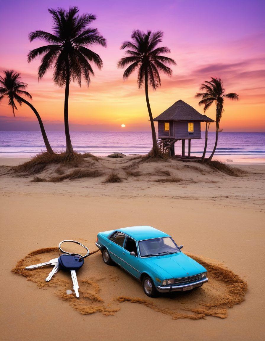 A serene landscape of Haiti showcasing a tranquil beach scene at sunset, with a calm ocean and palm trees gently swaying in the breeze. In the foreground, symbols of health, auto, home, and life insurance are artistically integrated: a stethoscope, car keys, a house silhouette, and a family silhouette holding hands. The colors should evoke a sense of peace and harmony. vibrant colors. painting.