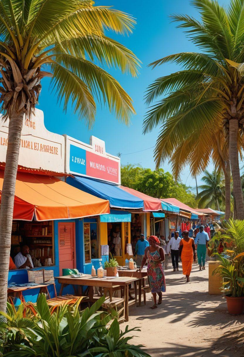 A vibrant marketplace scene in Haiti showcasing diverse insurance agents engaging with residents. Include colorful signage displaying various insurance policies, tropical trees swaying in the background, and people discussing their coverage options animatedly. An overlay of charts and graphs illustrating premiums and policy details subtly integrated into the scene. tropical vibes, super-realistic, vibrant colors.
