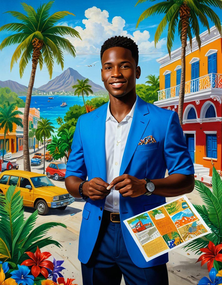 An artistic representation of Haiti’s diverse insurance landscape, featuring a blend of traditional and modern elements, such as a confident individual holding a policy document, surrounded by iconic Haitian symbols like palm trees and vibrant street art. The background showcases a stylized map of Haiti with insurance icons like shields and coins, symbolizing protection and wealth. Bright, engaging colors that reflect the Caribbean vibe. painting. vibrant colors. 3D.